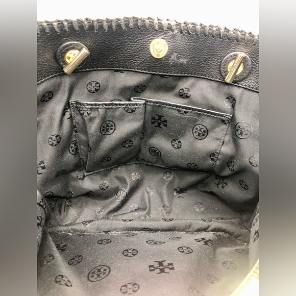 Tory Burch Marion Raffia Straw Tote Blue Black Stripes Leather Trimmed + Wallet - Picture 7 of 16